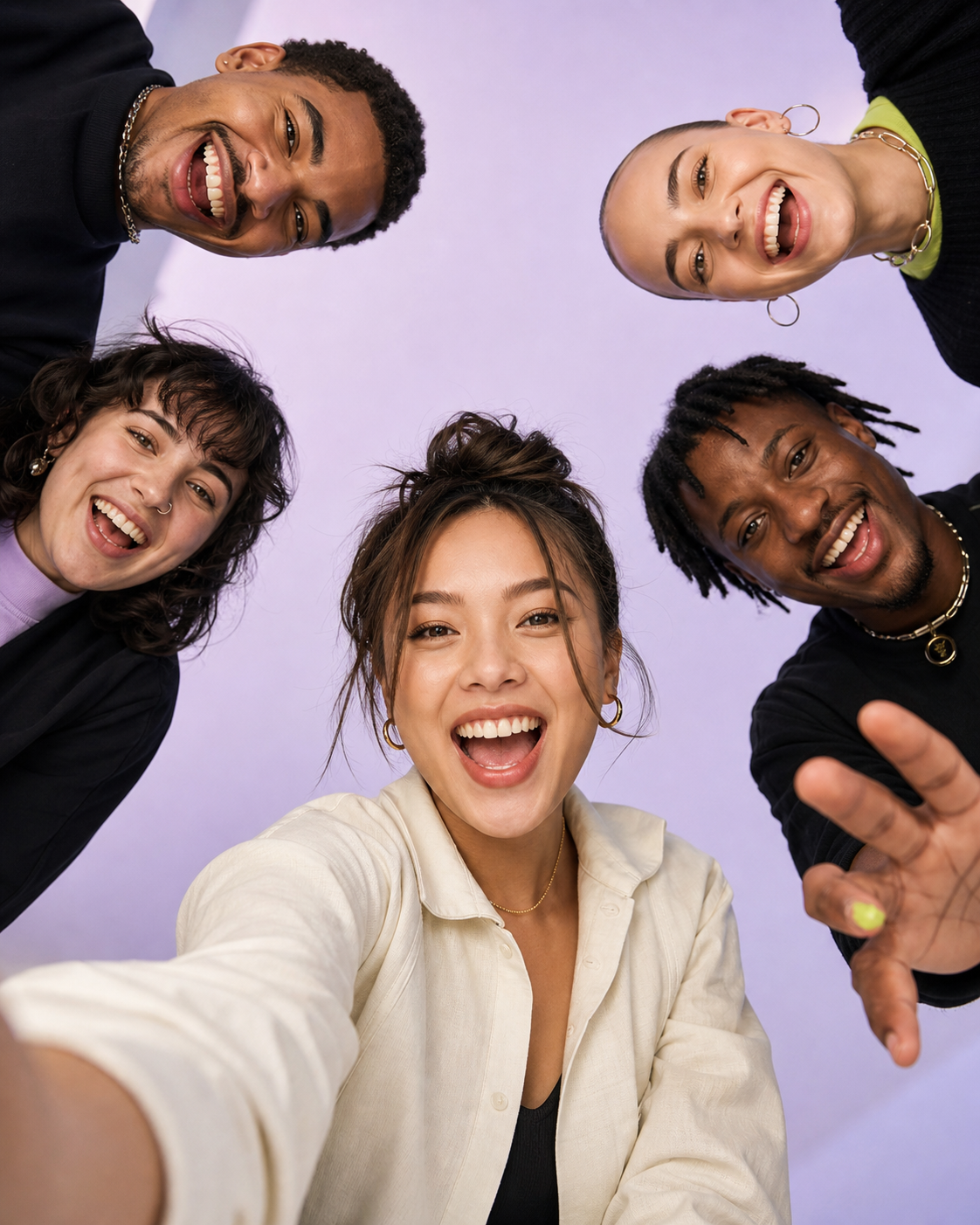 A multicultural community of young creators looking into the camera